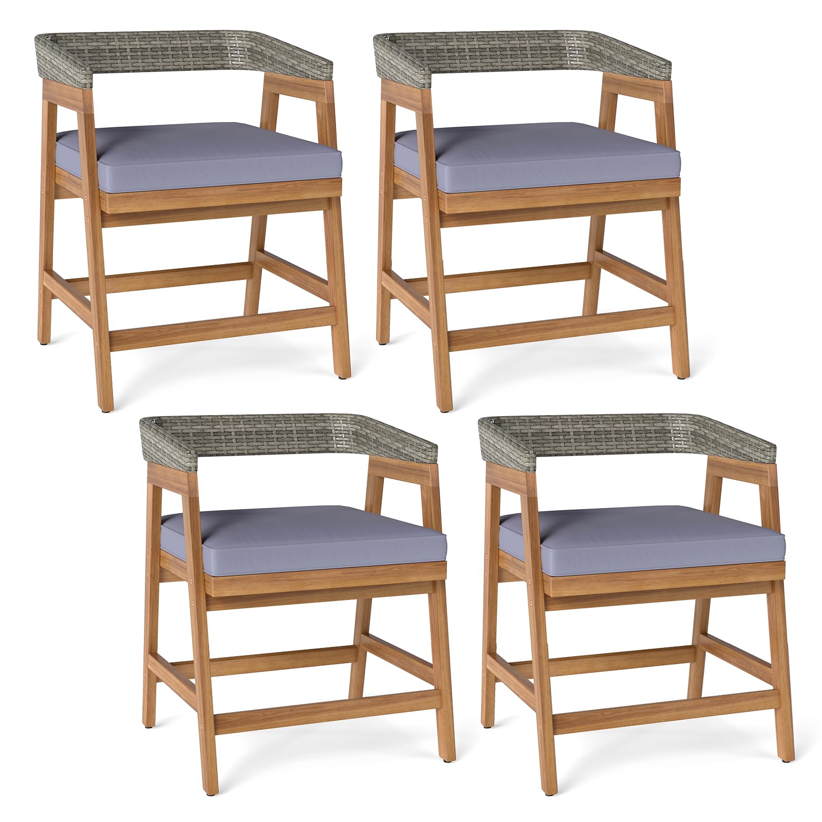 Tangkula Outdoor Acacia Wood Patio Wicker Dining Chairs Set of 4 with Seat Cushion